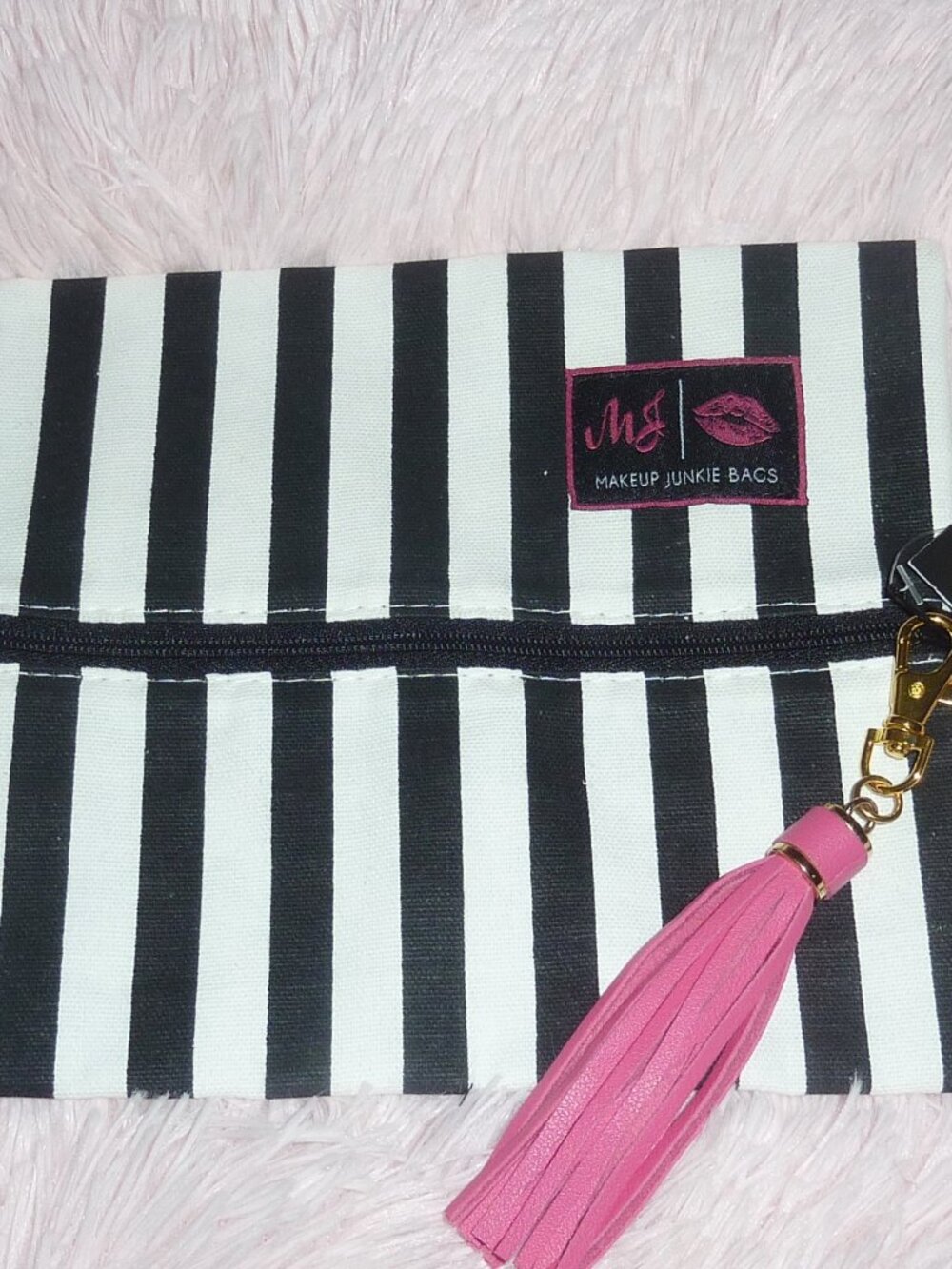 NWT Makeup Junkie Bag Glam Black and White Stripe Zippered
